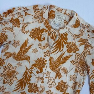 Johnny Was Jade Tropical Hummingbird Floral Rayon Boho Button Down Top Ochre XS